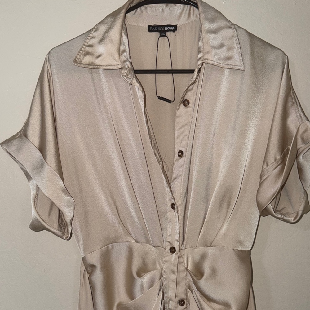 Fashion Nova Beige Satin Shirtdress with Ruched Tie Waist - Picture 6 of 10